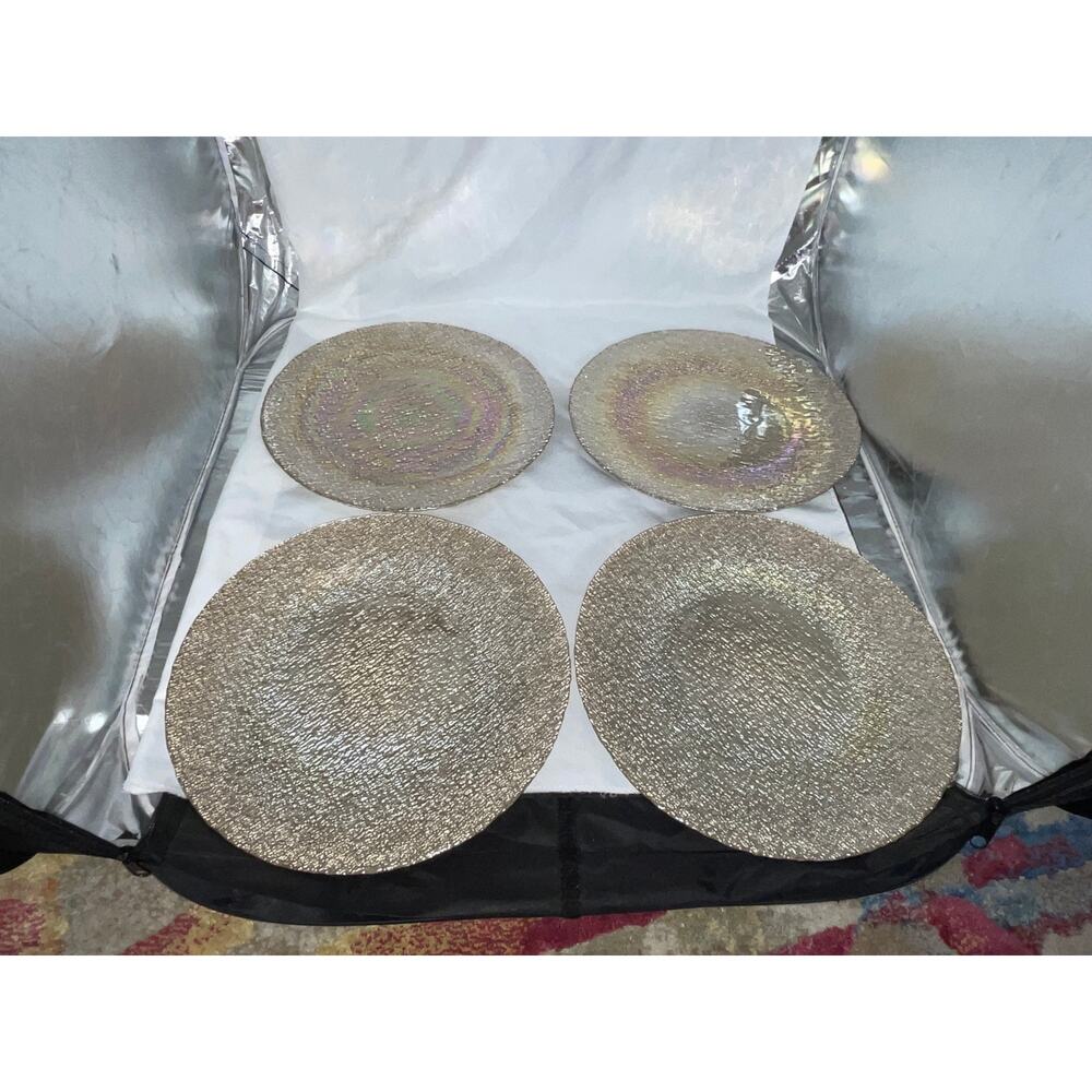 NEW AKCAM TURKISH GLASS GOLD RAINBOW IRIDESCENT DINNER PLATE SET/4